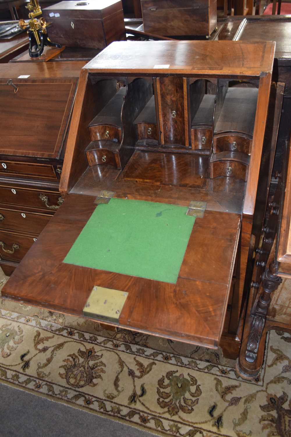 Small Georgian style walnut bureau of narrow form with full front opening to an interior with - Image 3 of 3