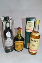 John O'Groats Scots Liqueur Whisky 75cl, Bell's Old Scotch Whisky 70cl in presentation box, and