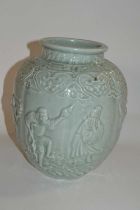 A Chinese vase of globular form, the celadon ground decorated with immortals, the base stamped