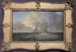 Attributed to Alfred Stannard (British,1806-1889), Shipping scene, oil on board, 22x38cm, framed.