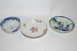 Two Lowestoft porcelain saucers, one possibly by The Tulip Painter (a/f) together with a Chinese
