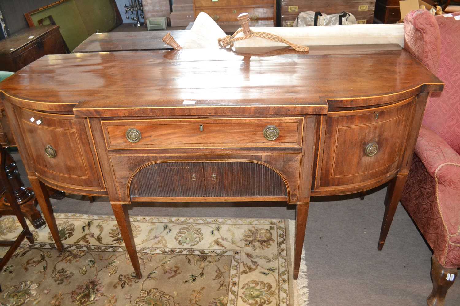 Georgian mahogany break front sideboard with two deep drawers, a shallow centre drawer and a