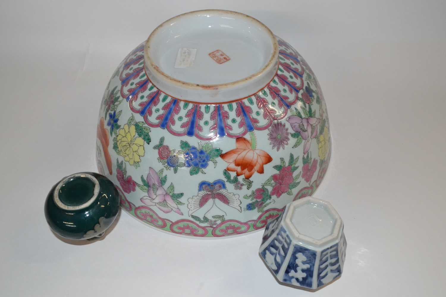 A large Chinese porcelain punch bowl, 20th Century with a polychrome design of flowers together with - Image 3 of 3