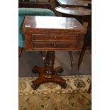 Early Victorian mahogany combination sewing and games table with folding revolving baize lined top