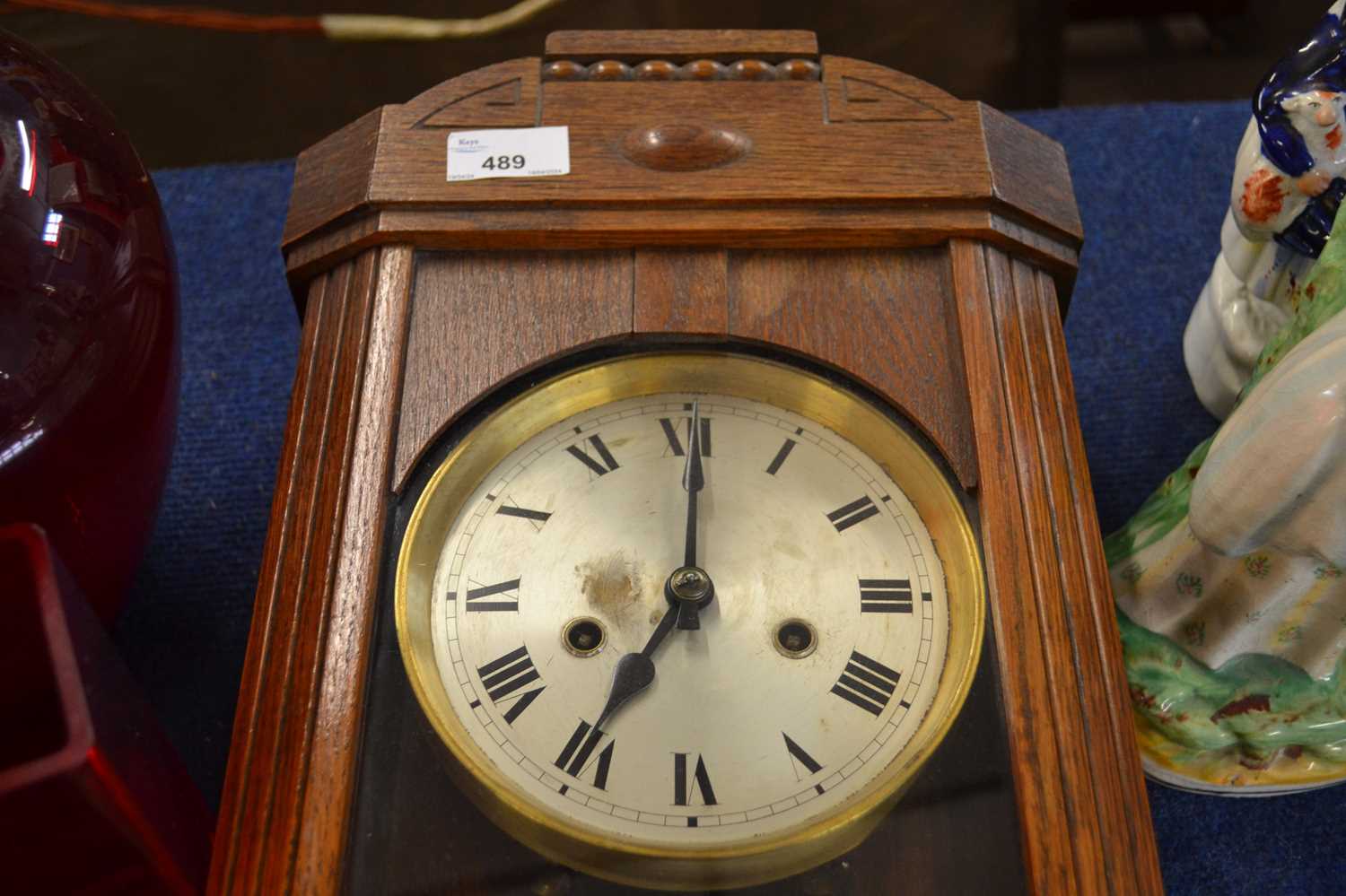 A 20th Century oak cased wall clock with unsigned silvered dial, 60cm high maximum - Image 2 of 2