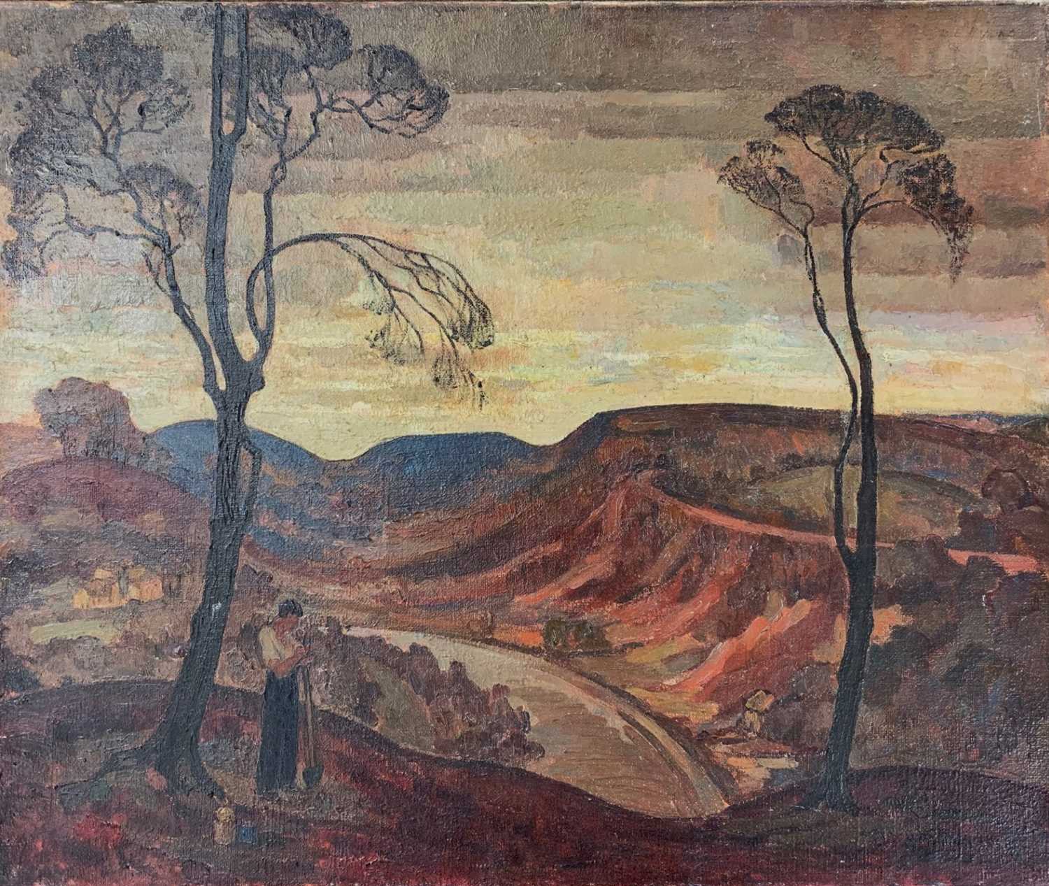 Italian School, post impressionist, 20th century, Italian / Tuscany landscape with a figure