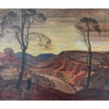 Italian School, post impressionist, 20th century, Italian / Tuscany landscape with a figure