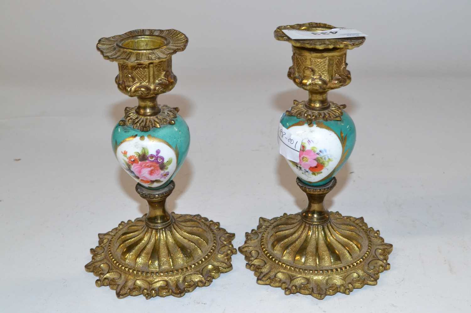 Pair Gilt Metal Candlesticks with Porcelain Mounts