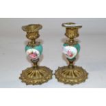 Pair Gilt Metal Candlesticks with Porcelain Mounts