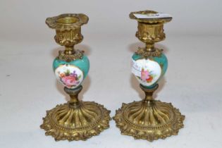 Pair Gilt Metal Candlesticks with Porcelain Mounts