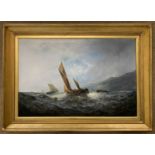 Dutch school, 20th century, Shipping vessels in choppy sea, oil on canvas, 50x75cm, gilt framed.