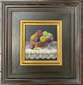 Dianne Branscombe (British, b.1959), 'Fruit and Wine', oil on board, 6x7cm, framed, Westcliffe