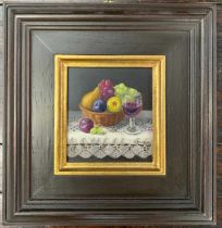 Dianne Branscombe (British, b.1959), 'Fruit and Wine', oil on board, 6x7cm, framed, Westcliffe