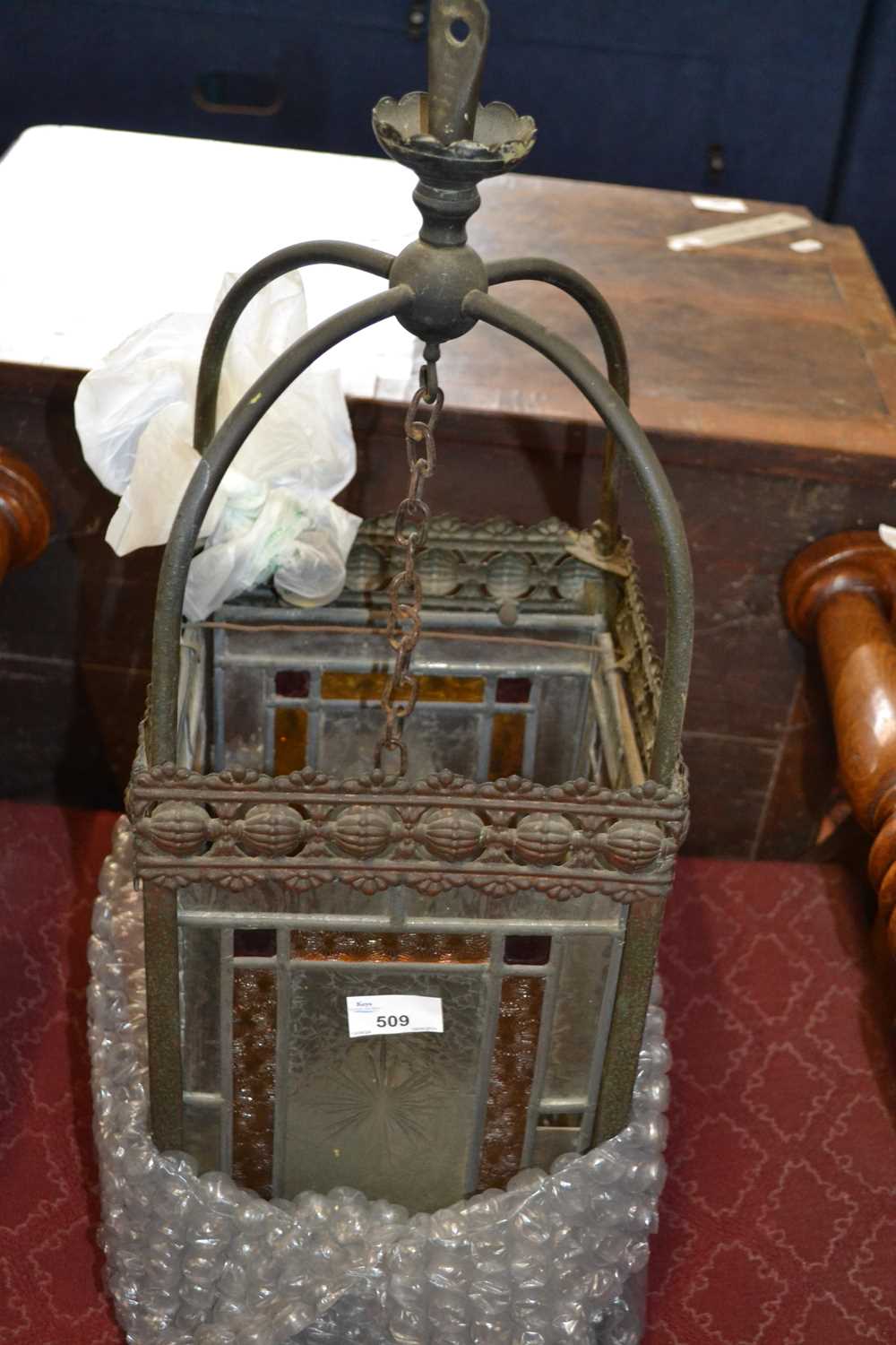 A late 19th or early 20th Century hanging lantern with lead glazed panels, 60cm high