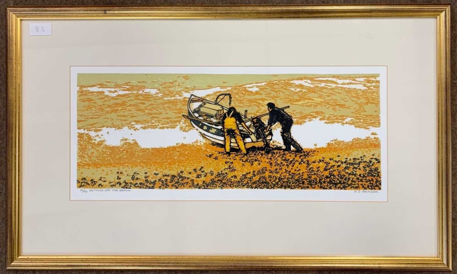 H.J. Jackson RE (British, 1909-1989), 'Getting off the Beach', limited edition linocut, signed and