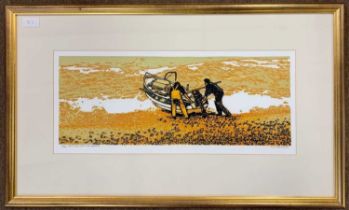 H.J. Jackson RE (British, 1909-1989), 'Getting off the Beach', limited edition linocut, signed and