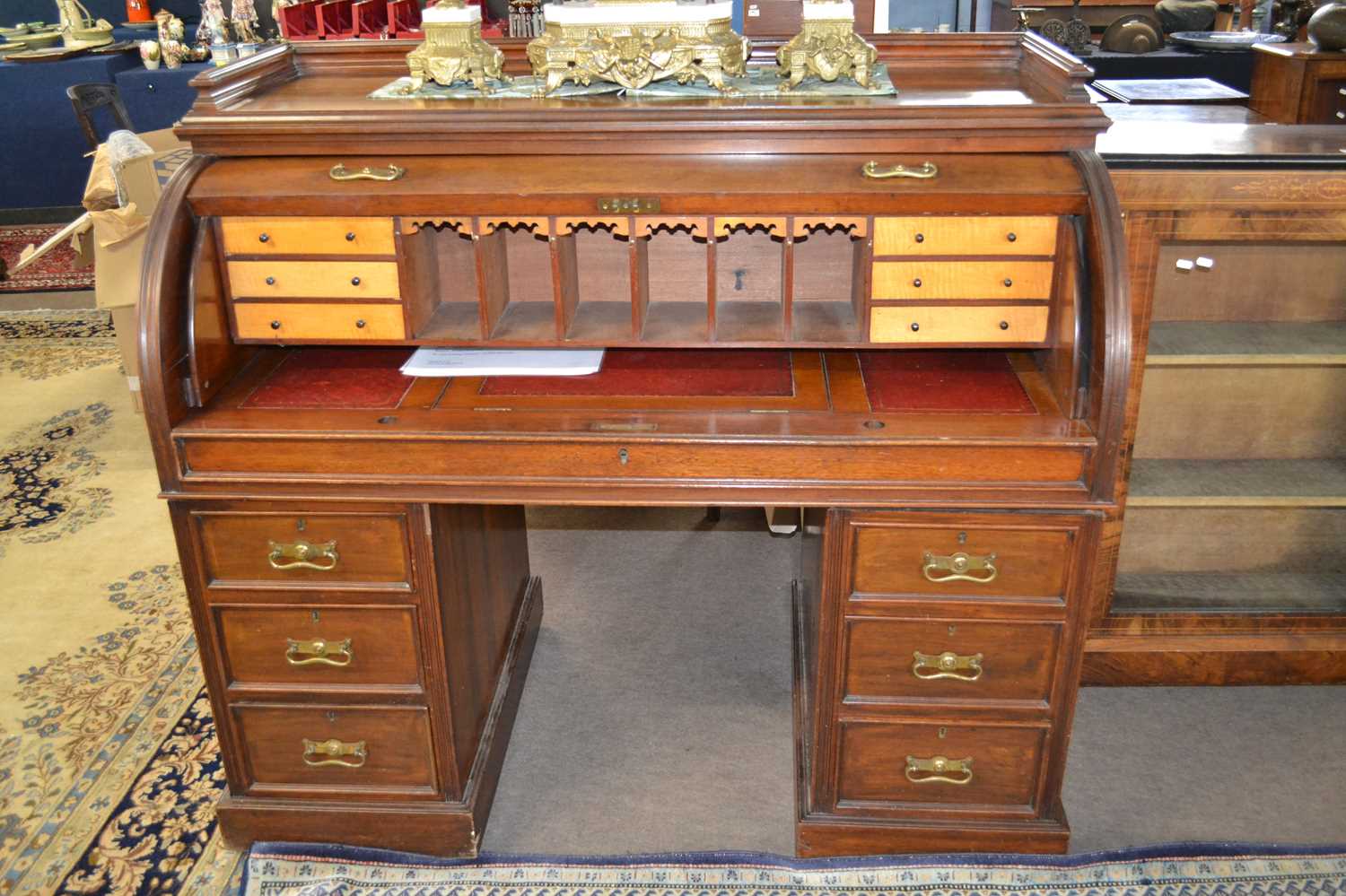 A Victorian roll top mahogany twin pedestal cylinder desk, the interior with small drawers and - Image 2 of 2