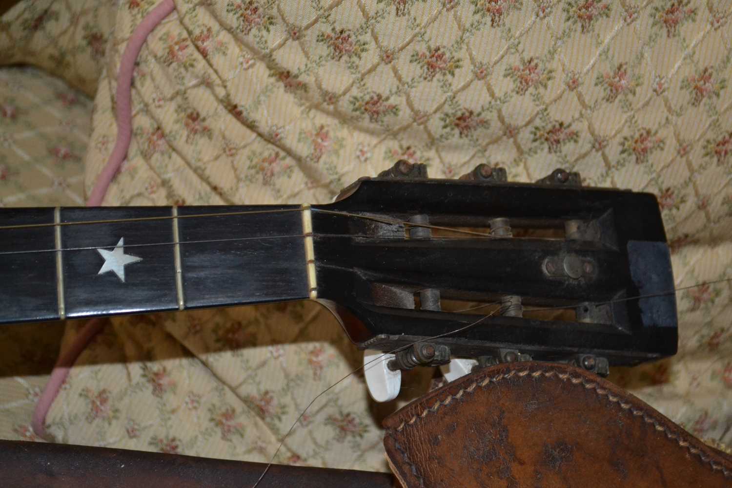 An antique banjo with six strings, stamped to the reverse of the head, J E Dallas Maker, 92cm long - Image 3 of 5