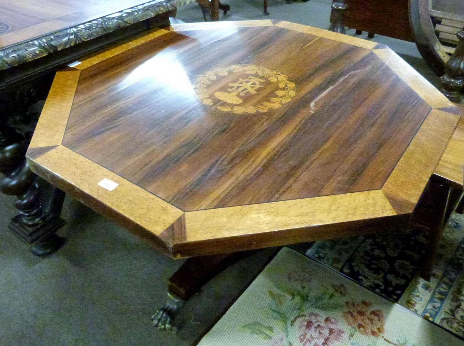 An unusual 19th Century octagonal centre table with inlaid armorial to centre, surrounded by - Image 3 of 3