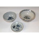 A group of two Chinese pottery bowls and a small dish, with various designs (Inventory 354), largest