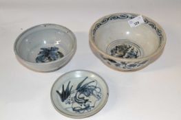 A group of two Chinese pottery bowls and a small dish, with various designs (Inventory 354), largest