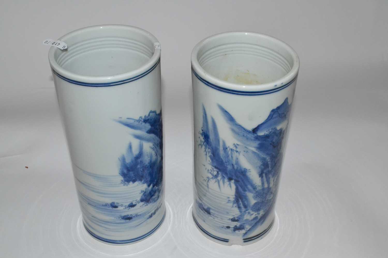 A pair of Chinese porcelain cylindrical vases with blue and white design of Chinese characters, late - Image 2 of 3