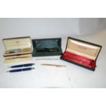 A grouped lot Fountain pens, propelling pencils and ball point pens comprising: Sheaffer 14k G.F