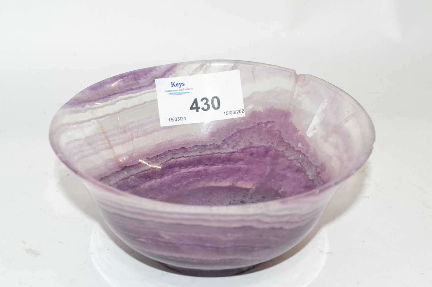A flourite bowl with polished finish in Blue John style