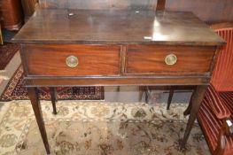 19th Century mahogany side table with two drawers with ringlet handles, raised on tapering square