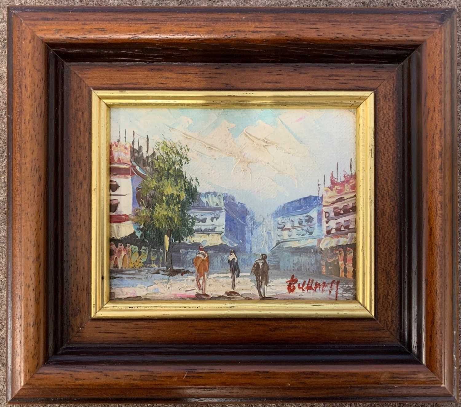 Caroline Burnett (American,1877-1950), Parisian street, oil on board, signed, 9x12cm, framed