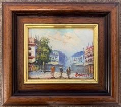 Caroline Burnett (American,1877-1950), Parisian street, oil on board, signed, 9x12cm, framed