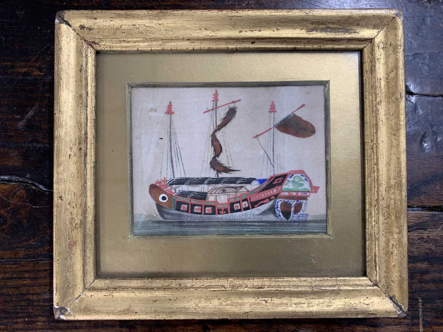 Oriental School, circa 19th century, Ship gouache on silk, 8x10cm, framed and glazed.