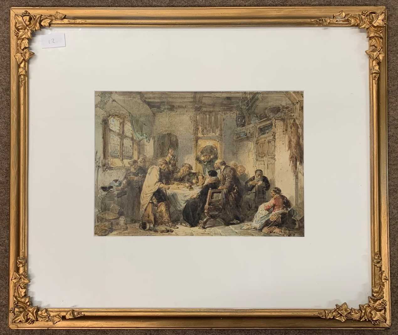 In the manner of George Cattermole RWS (1800-1868), Medieval interior scene, watercolour, 23x33cm,