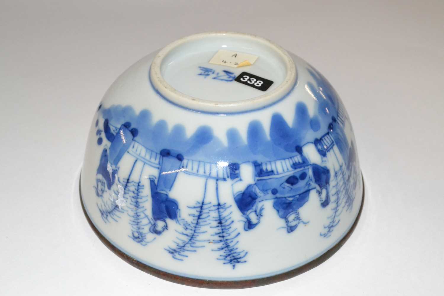 A further 19th Century Chinese porcelain bowl with blue and white decoration of figures and metal - Image 2 of 2