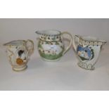 A group of three early 19th Century Pratt ware jugs (one a/f), all decorated with typical designs in