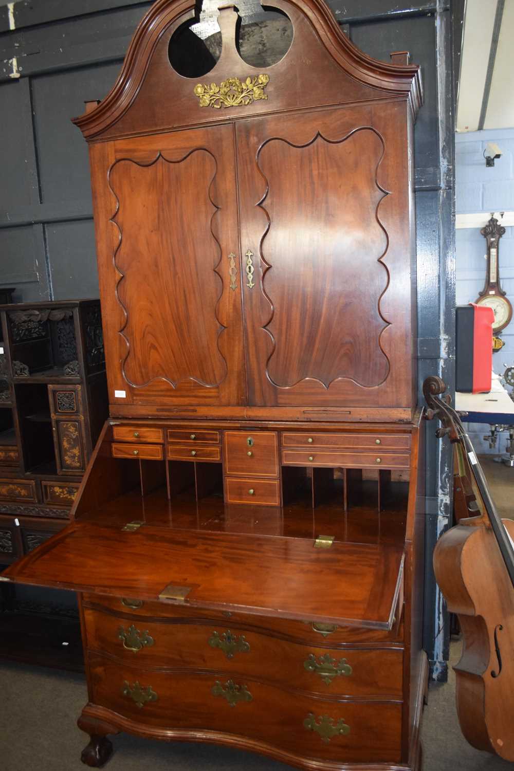 A large 18th Century American bureau bookcase, the top section with swept broken arch pediment - Image 2 of 2