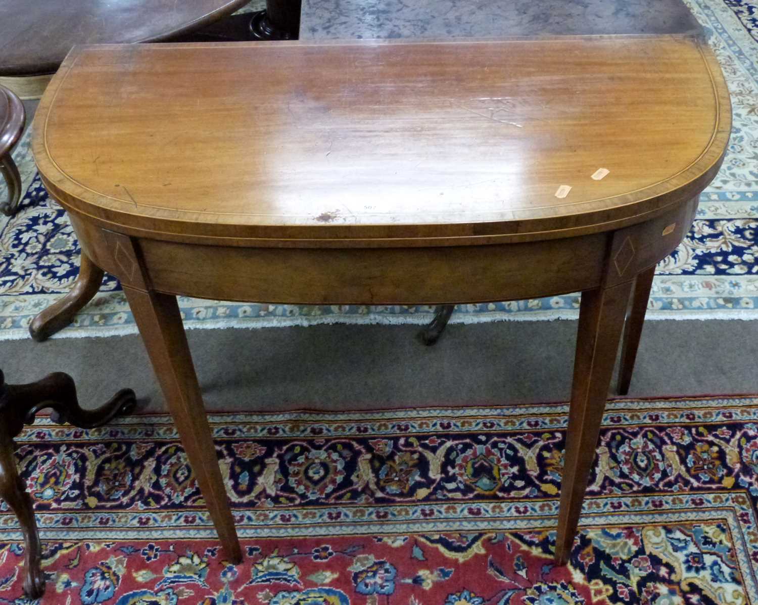 A Georgian faded mahogany D shaped tea table with inlaid banding, 91cm wide - Image 2 of 3