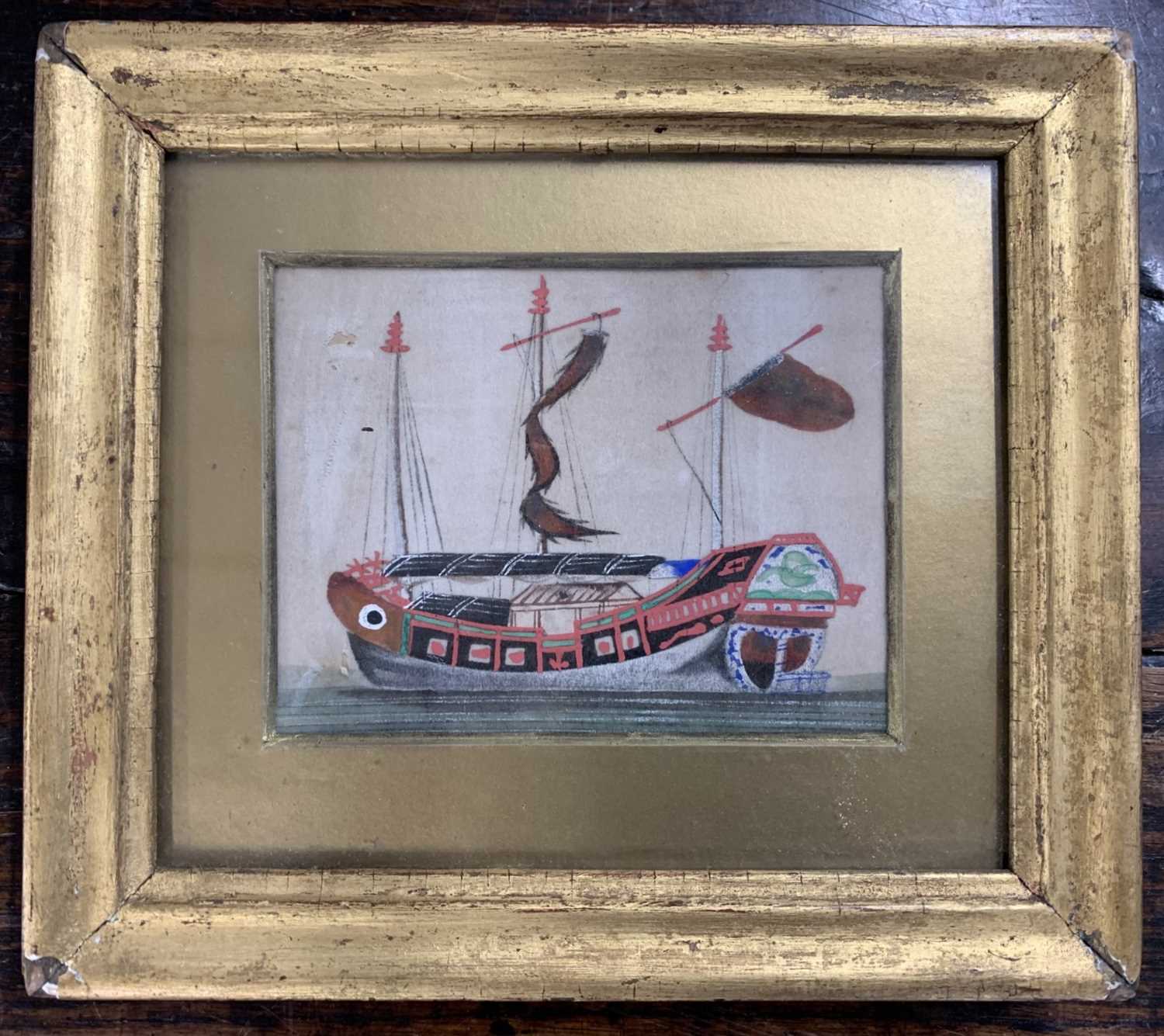 Oriental School, circa 19th century, Ship gouache on silk, 8x10cm, framed and glazed. - Image 2 of 2