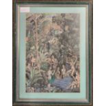 Indian School, Nudes bathe in a forest setting ladened with animals, watercolour, 21x31cm, framed
