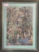 Indian School, Nudes bathe in a forest setting ladened with animals, watercolour, 21x31cm, framed