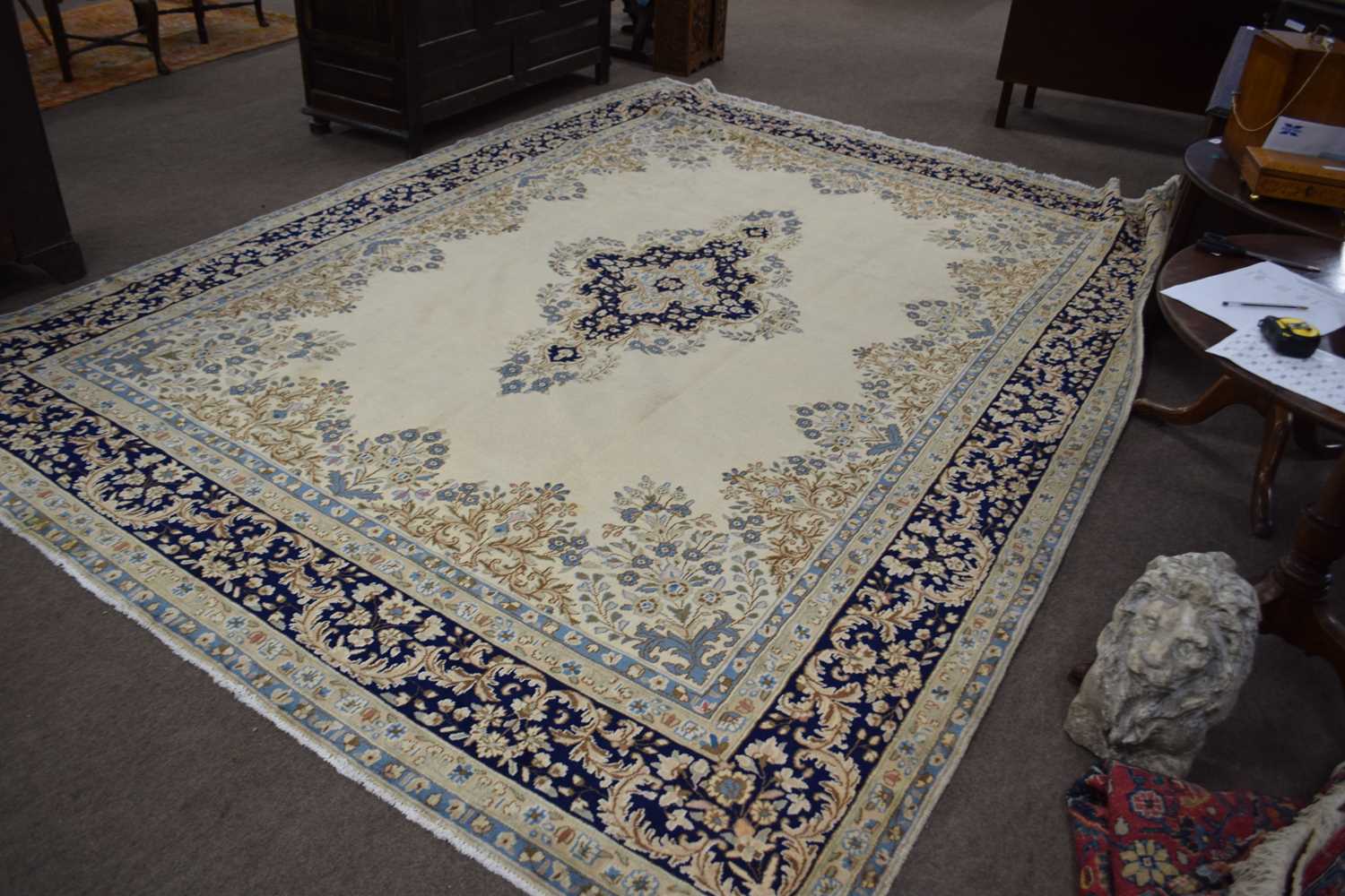 A modern Kirman beige wool floor rug with geometric and floral border, 3.58 x 2.70 metres - Image 2 of 3