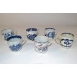 Quantity of six 18th Century English porcelain tea cups, all with blue and white designs, mainly