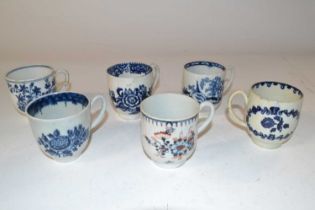 Quantity of six 18th Century English porcelain tea cups, all with blue and white designs, mainly