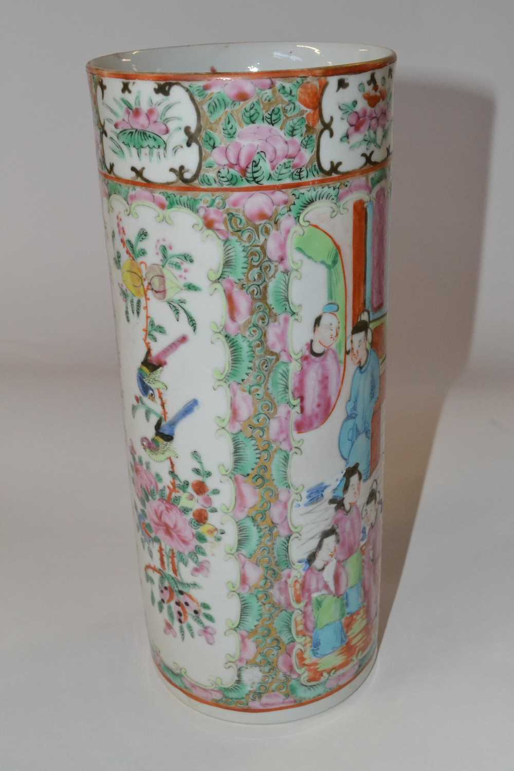 A late 19th Century Cantonese porcelain cylindrical vase, decorated in typical fashion with panels - Image 2 of 2
