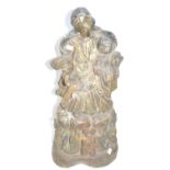 An antique hardwood carving of Mother and child with attendant angels to the base, 56cm high, losses