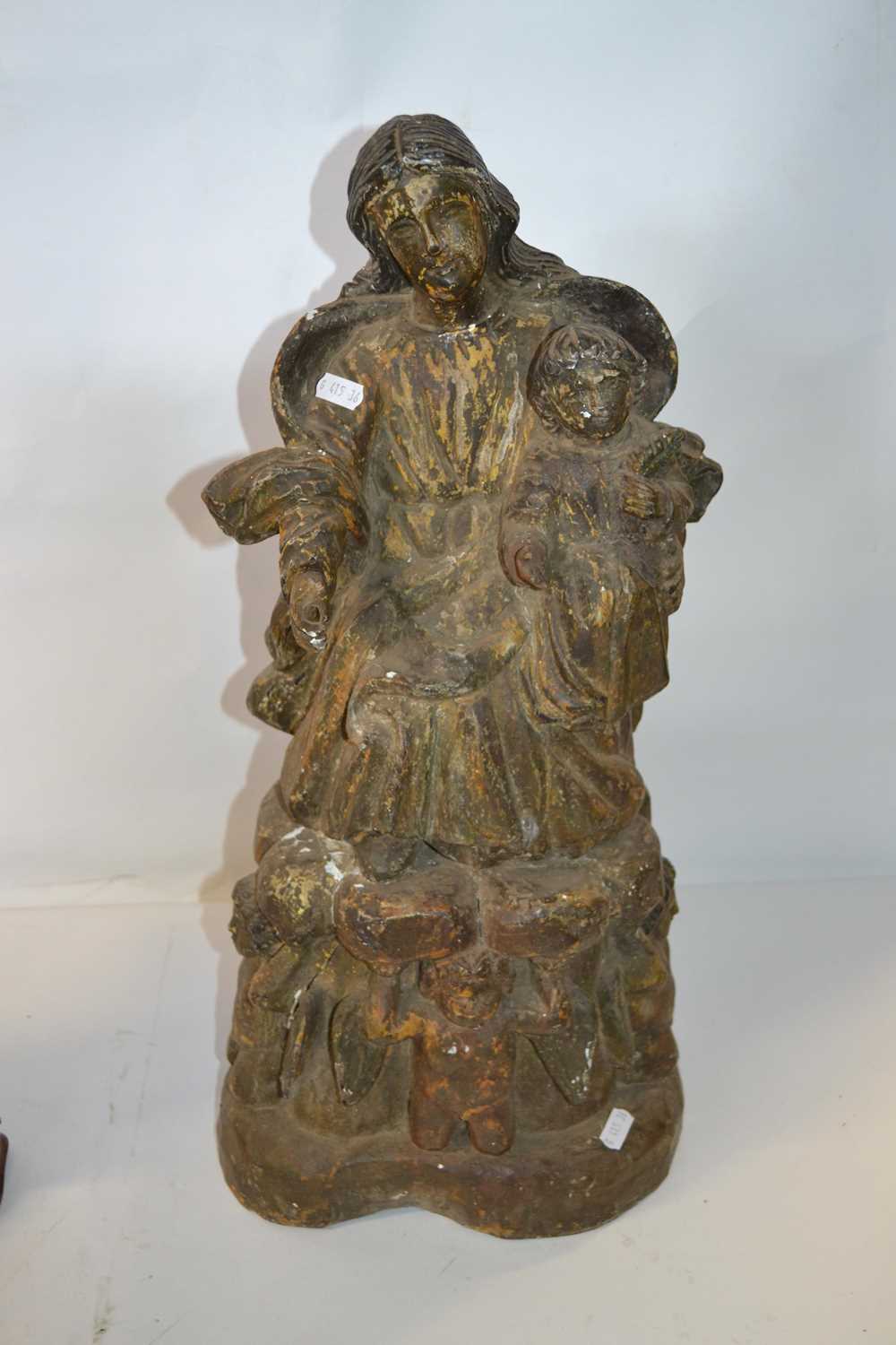 An antique hardwood carving of Mother and child with attendant angels to the base, 56cm high, losses - Image 2 of 2