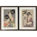 In the manner of Kitagawa Utamaro (Japanese,1753-1806), Two woodblock prints, 25x38cm, framed and