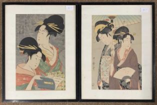 In the manner of Kitagawa Utamaro (Japanese,1753-1806), Two woodblock prints, 25x38cm, framed and