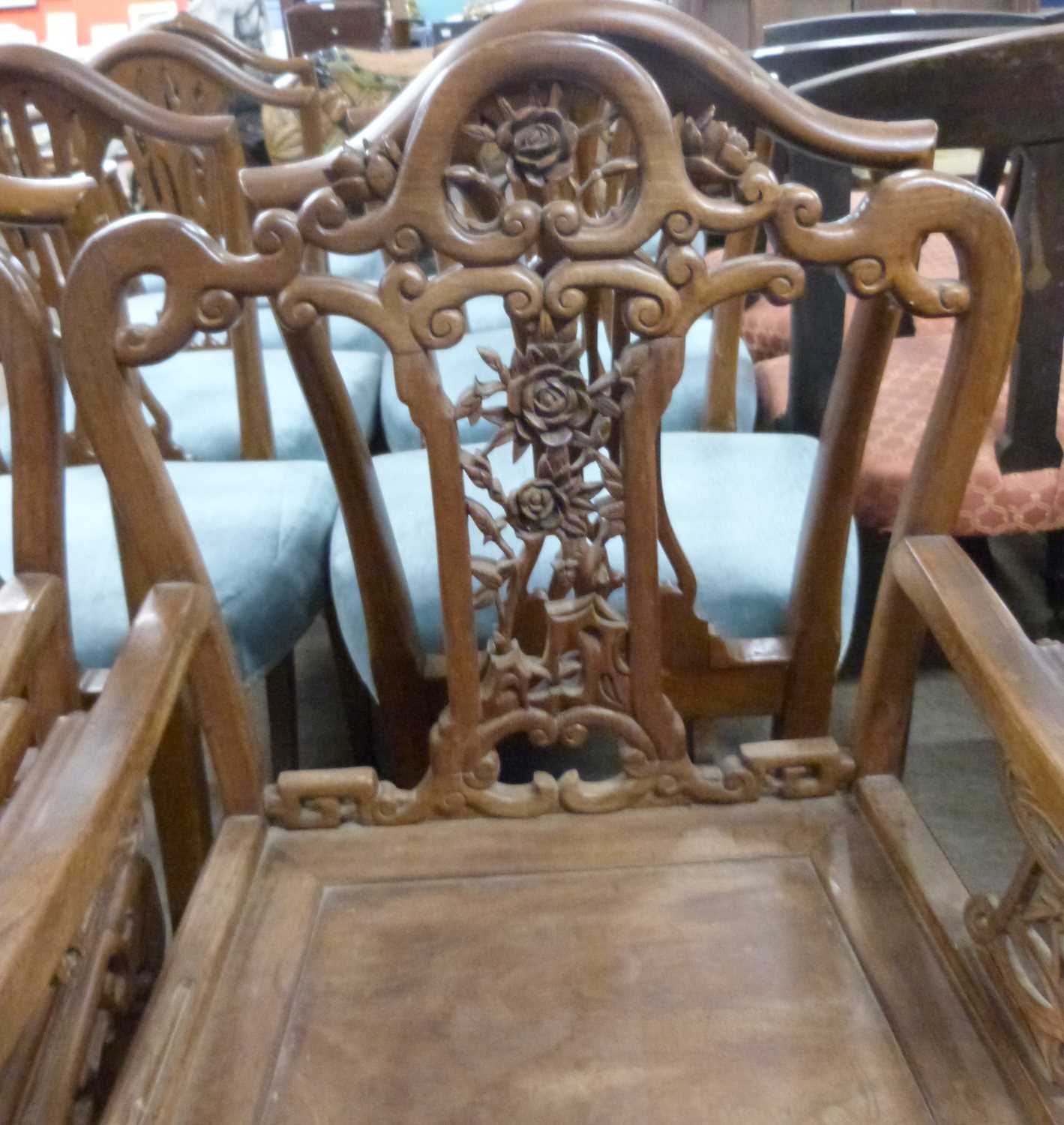 A pair of Chinese hardwood chairs with pierced floral decorated backs, 91cm - Image 3 of 4