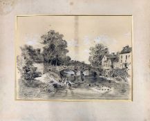 Follower of Alfred Stannard (1828-1885) view across a river and bridge, graphite heightened in